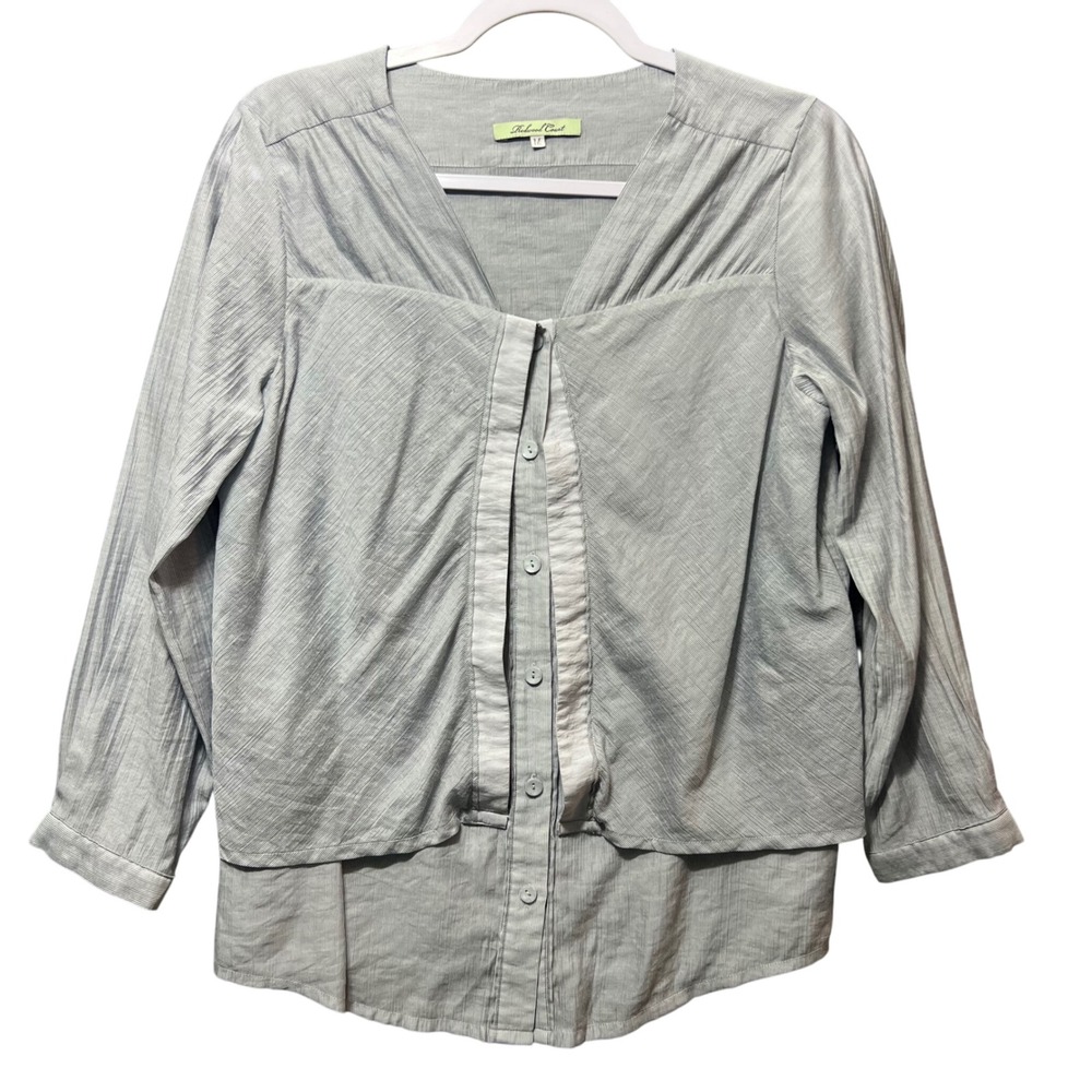 Redwood Court Silk‎ Bamboo Blouse Gray Button Front Layered Look Top Women M